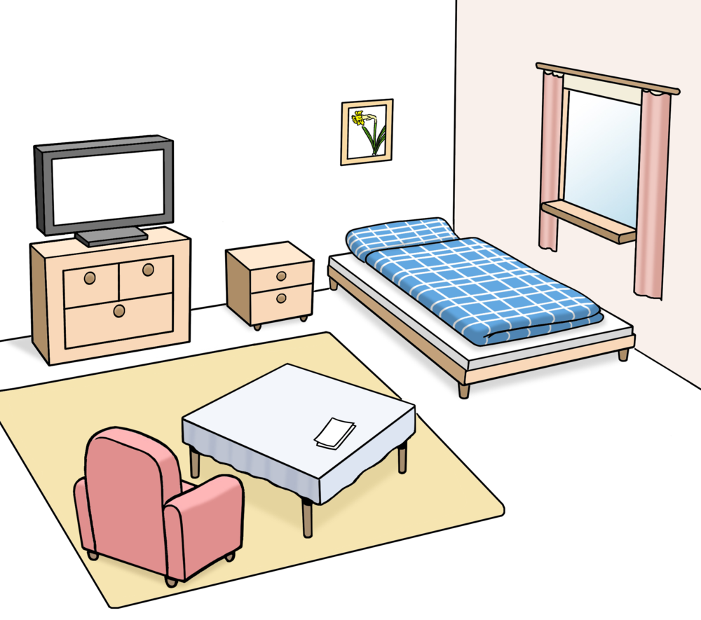 Ein Zimmer mit Bett, Sessel, Tisch, Fernseher und Fenster