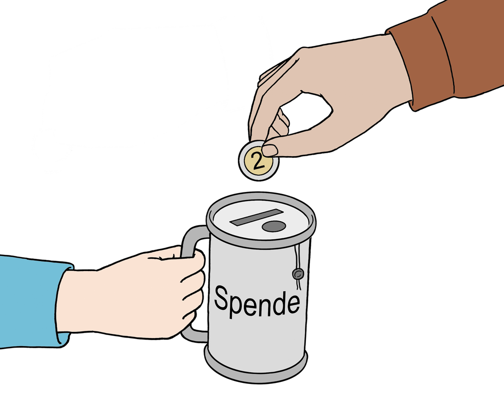 eine Hand hält eine Spendendose, ein anderer wirft eine Münze hinein