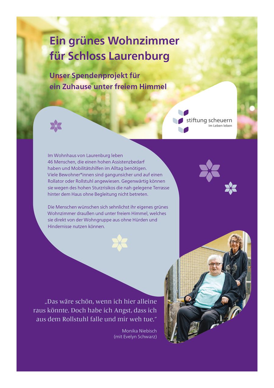 Flyer für das Spendenprojekt ein grünes Wohnzimmer für Schloss Laurenburg der Stiftung Scheuern.