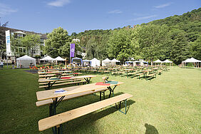 Eine große Wiese mit dekorierten Biertischgarnituren, weißen Zelten und einem provisorischen Altar.  