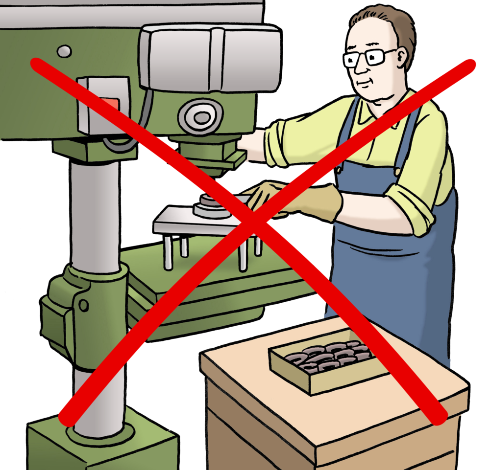 Ein Mann arbeitet an einer Maschine. Das Bild ist aber durchgestrichen. Es soll zeigen, dass jemand nicht arbeiten kann.