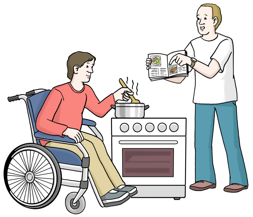 Ein Mann im Rollstuhl und ein anderer Mann kochen zusammen