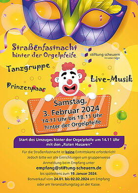 Plakat für eine Straßenfastnach in der Stiftung Scheuern. 