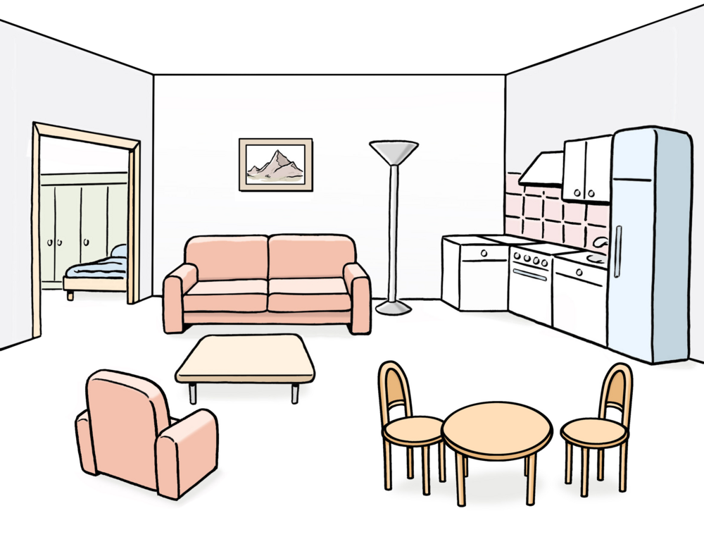 Eine Wohnung mit Wohnbereich, Essbereich und Küchenzeile
