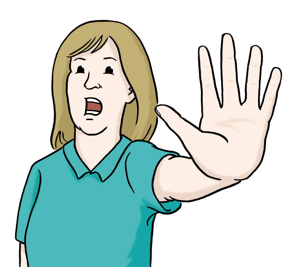 Eine Frau mit abwehrender Handbewegung