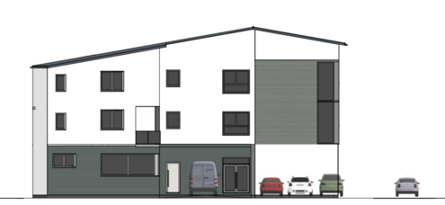 Seitenansicht eines Hauses mit 3 Wohnebenen von der Straße aus gesehen