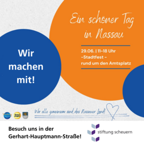 Plakat für das Stadtfest der Stadt Nassau und den Stand der Stiftung Scheuern.
