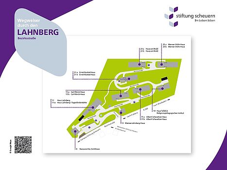 Geländeplan der Häuser am Lahnberg in der Bezirksstraße in Nassau im Ortsteil Bergnassau-Scheuern, die zur Stiftung Scheuern gehören.