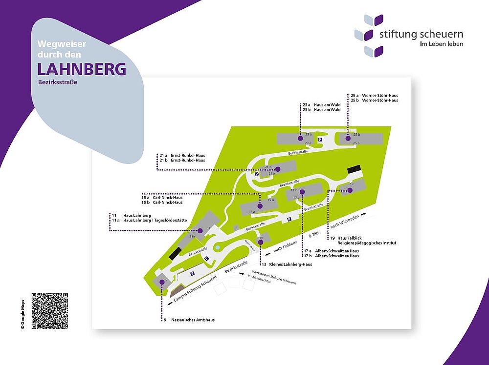 Geländeplan der Häuser am Lahnberg in der Bezirksstraße in Nassau im Ortsteil Bergnassau-Scheuern, die zur Stiftung Scheuern gehören.